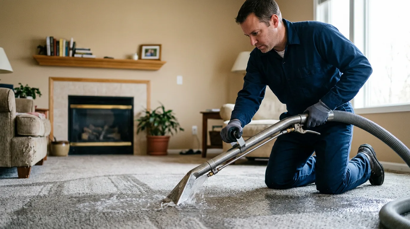 Water damage restoration technician working near Warwick, MA